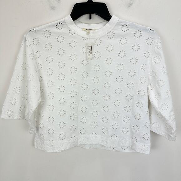 Madewell Embroidered Wide Sleeve Boxy Tee White Cotton Oversized XS NWT - Picture 7 of 13